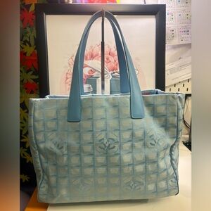 Chanel New Travel Line MM Jacquard Fabric Tote Light Blue Calfskin Trim RARE